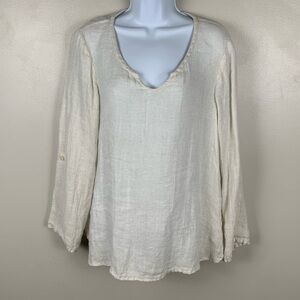 Flax Top Womens S Ivory‎ Linen Roll Tab Sleeve Pullover Lagenlook Casual Tunic